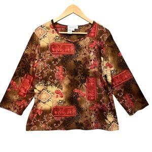 Coldwater Creek Y2K Boho Baroque Floral Leopard Stretch Brown Red Print Top‎ L